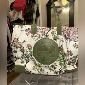 Tory Burch Green and Cream Floral Tote